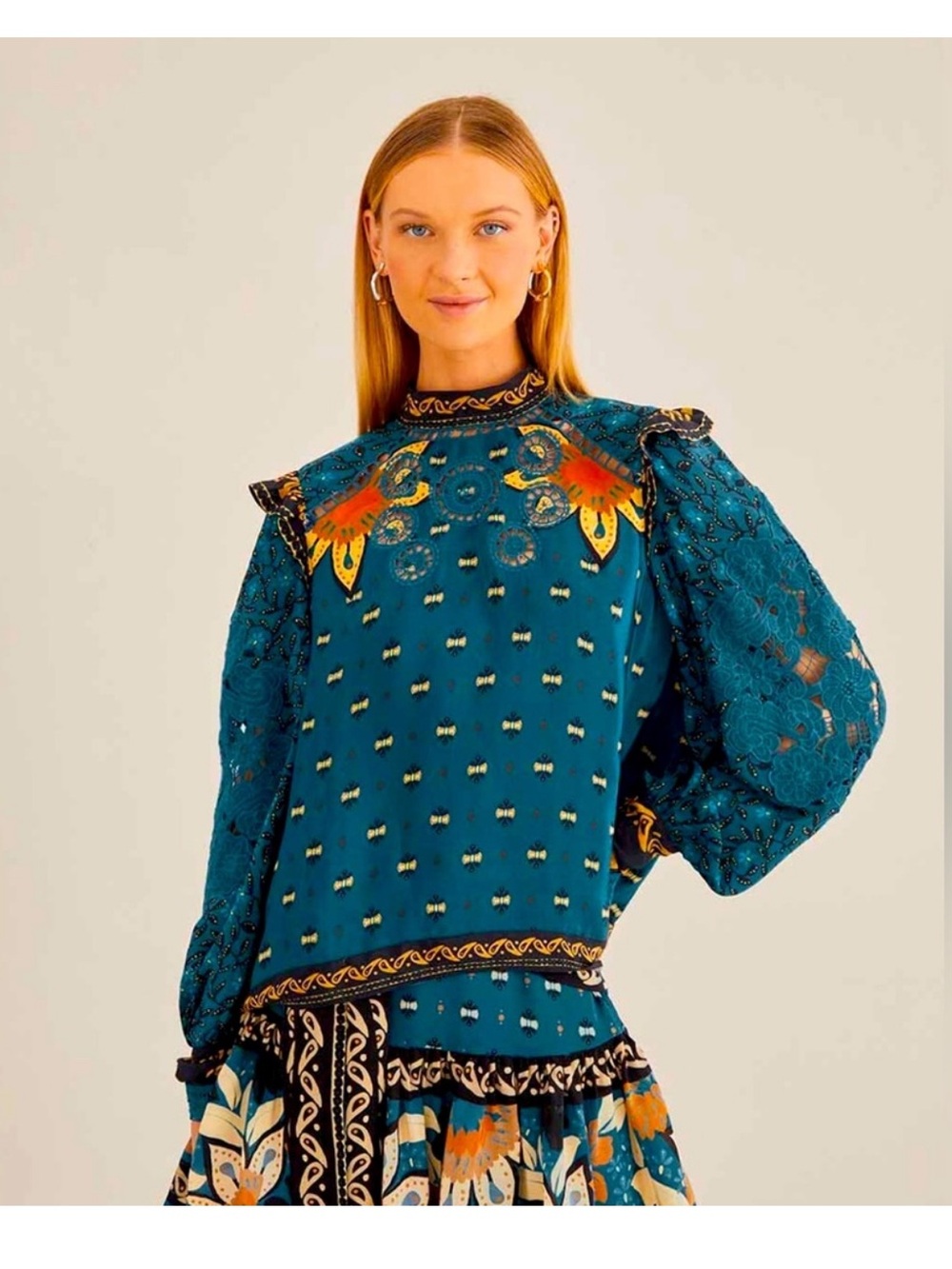 Farm Rio Ainika Teal Floral Embroidered Balloon Sleeve Top